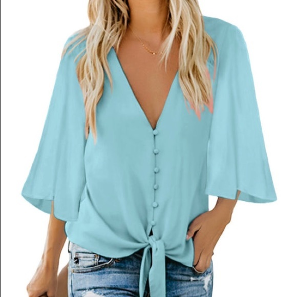 Luvamia - Light Blue Tie Front Blouse with Butterfly Sleeves - Sz. L‎ - Picture 6 of 7